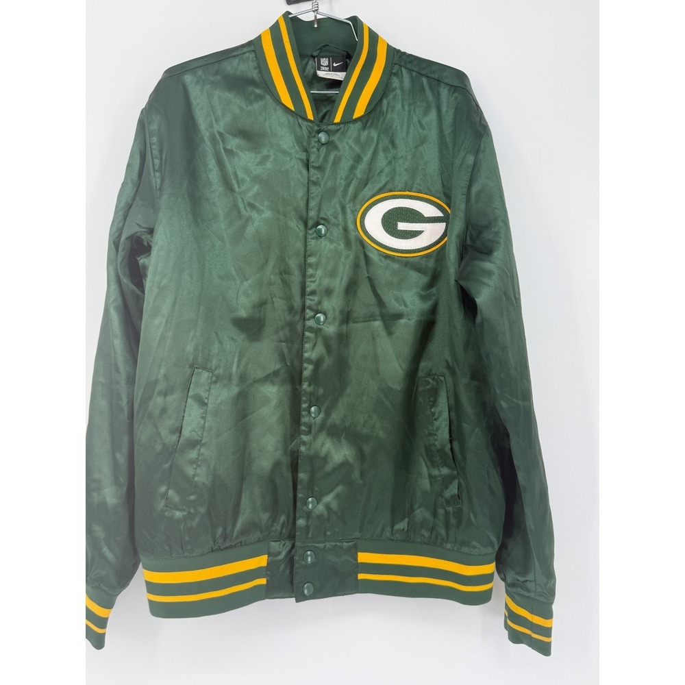 Nike NFL Green Bay Packers Satin Snap Button Bomber Jacket Green Gold Men's L
